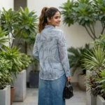 Women light blue marble print button down shirt (5)