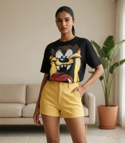Women wearing a black oversized t shirt with a large yellow graphic print on the front (3)