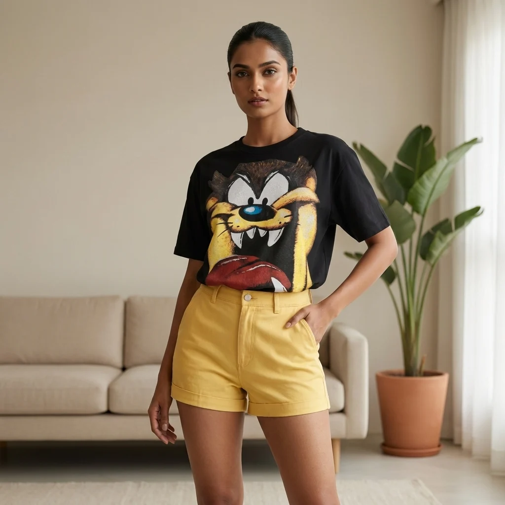 Women wearing a black oversized t shirt with a large yellow graphic print on the front (3) Women wearing a black oversized t shirt with a large yellow graphic print on the front (3)