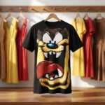 Women wearing a black oversized t shirt with a large yellow graphic print on the front (5)