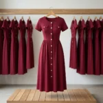 Women wearing a maroon button down A line midi dress (1)