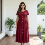 Women wearing a maroon button down A line midi dress (2)