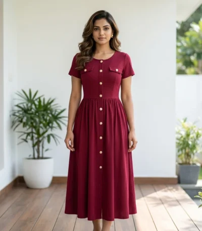 Women wearing a maroon button down A line midi dress (2)