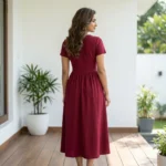 Women wearing a maroon button down A line midi dress (3)