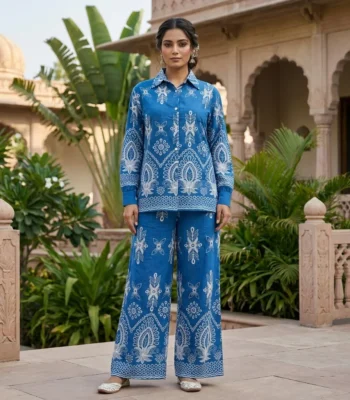 Women's Blue Embroidered Palazzo Co ord Set (4)