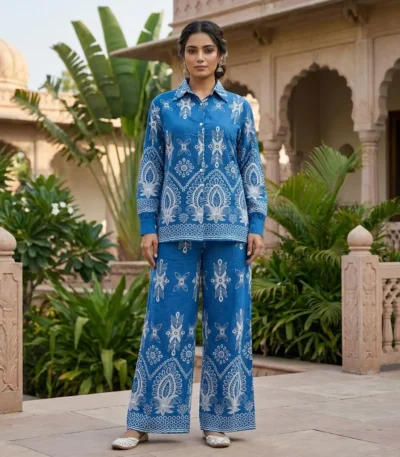 Women's Blue Embroidered Palazzo Co ord Set (4)