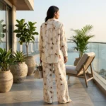 Women's beige retro floral print collared shirt and wide leg trouser co ord set (2)