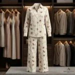 Women's beige retro floral print collared shirt and wide leg trouser co ord set (3)