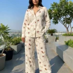 Women's beige retro floral print collared shirt and wide leg trouser co ord set (5)