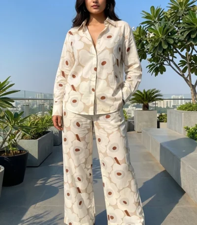 Women's beige retro floral print collared shirt and wide leg trouser co ord set (5)