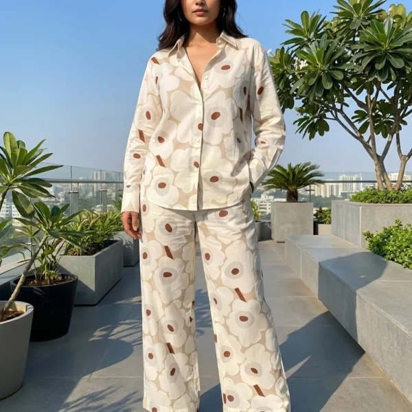 Women's beige retro floral print collared shirt and wide leg trouser co ord set (5)