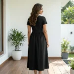 Women's black A line midi dress with short sleeves and gold front buttons (1)