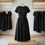 Women's black A line midi dress with short sleeves and gold front buttons (3)