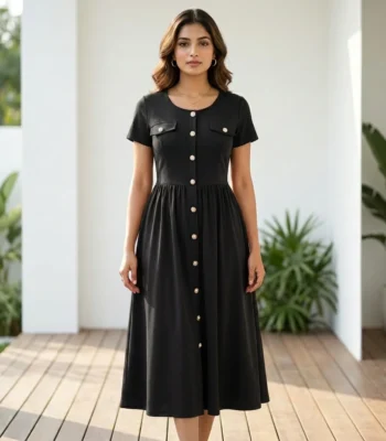 Women's black A line midi dress with short sleeves and gold front buttons (4)