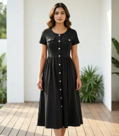 Women's black A line midi dress with short sleeves and gold front buttons (4)