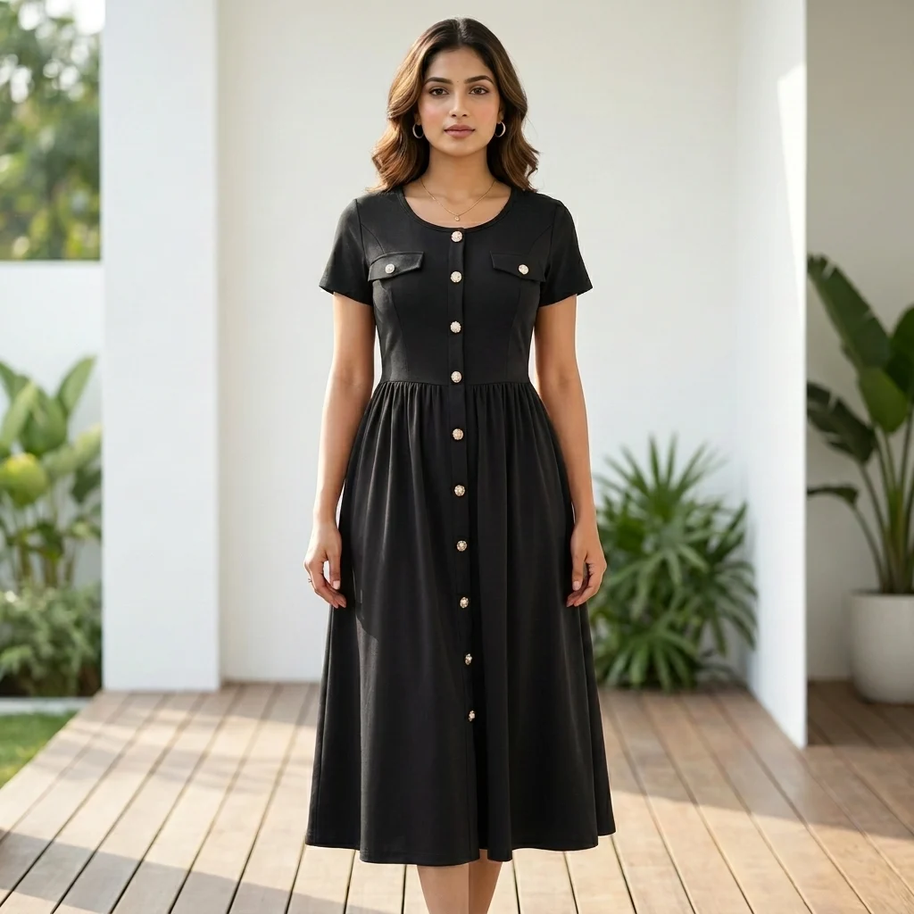 Women's black A line midi dress with short sleeves and gold front buttons (4) Women's black A line midi dress with short sleeves and gold front buttons (4)