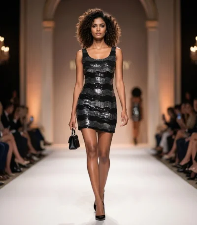 Women's black and silver wavy sequin bodycon mini dress for party wear (2)