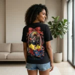 Women's black oversized graphic t shirt with Snow White cat print (1)