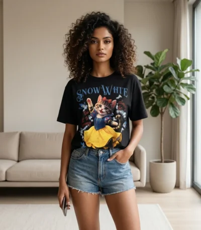 Women's black oversized graphic t shirt with Snow White cat print (6)