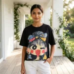 Women's black oversized t shirt with colourful graphic print (3)