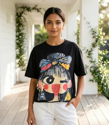 Women's black oversized t shirt with colourful graphic print (3)