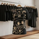 Women's black oversized t shirt with rhinestone graphic print (4)
