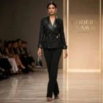 Women's black sequin evening blazer with satin lapel collar front view (2)