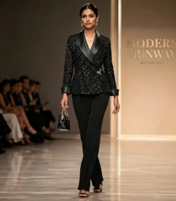 Women's black sequin evening blazer with satin lapel collar front view (2)