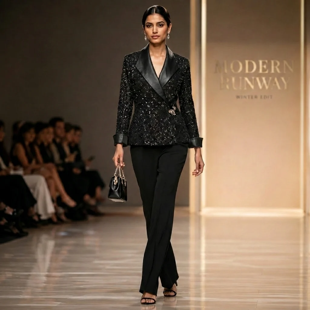 Women's black sequin evening blazer with satin lapel collar front view (2) Women's black sequin evening blazer with satin lapel collar front view (2)