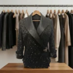 Women's black sequin evening blazer with satin lapel collar front view (3)
