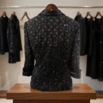Women's black sequin evening blazer with satin lapel collar front view (4)