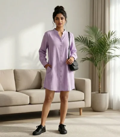 Women's lavender linen long shirt dress (5)