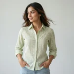 Women's pastel green long sleeve formal shirt with white thread embroidery (1)