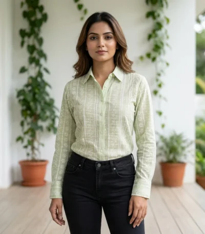 Women's pastel green long sleeve formal shirt with white thread embroidery (3)