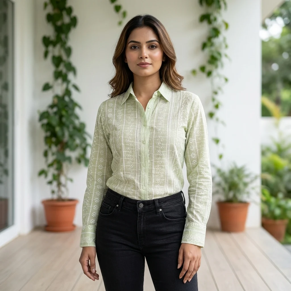 Women's pastel green long sleeve formal shirt with white thread embroidery (3) Women's pastel green long sleeve formal shirt with white thread embroidery (3)