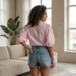 Women's pink embroidered puff sleeve shirt (1)