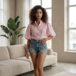 Women's pink embroidered puff sleeve shirt (3)