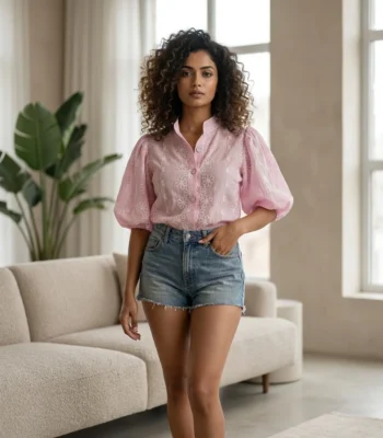 Women's pink embroidered puff sleeve shirt (3)