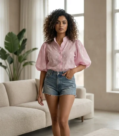Women's pink embroidered puff sleeve shirt (3)