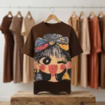 Women's relaxed fit brown t shirt with a colorful character graphic print (2)