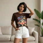 Women's relaxed fit brown t shirt with a colorful character graphic print (4)