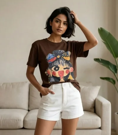Women's relaxed fit brown t shirt with a colorful character graphic print (4)