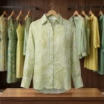 Women's sage green marbled print long sleeve cotton linen button up shirt (3)
