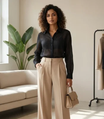 Women's semi sheer black textured button down formal shirt (1)