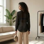 Women's semi sheer black textured button down formal shirt (3)