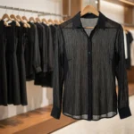 Women's semi sheer black textured button down formal shirt (4)