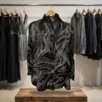Women's sheer black long sleeve shirt with silver marble print (2)
