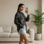 Women's sheer black long sleeve shirt with silver marble print (3)
