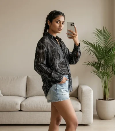 Women's sheer black long sleeve shirt with silver marble print (3)