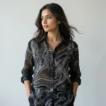 Women's sheer black long sleeve shirt with silver marble print (4)